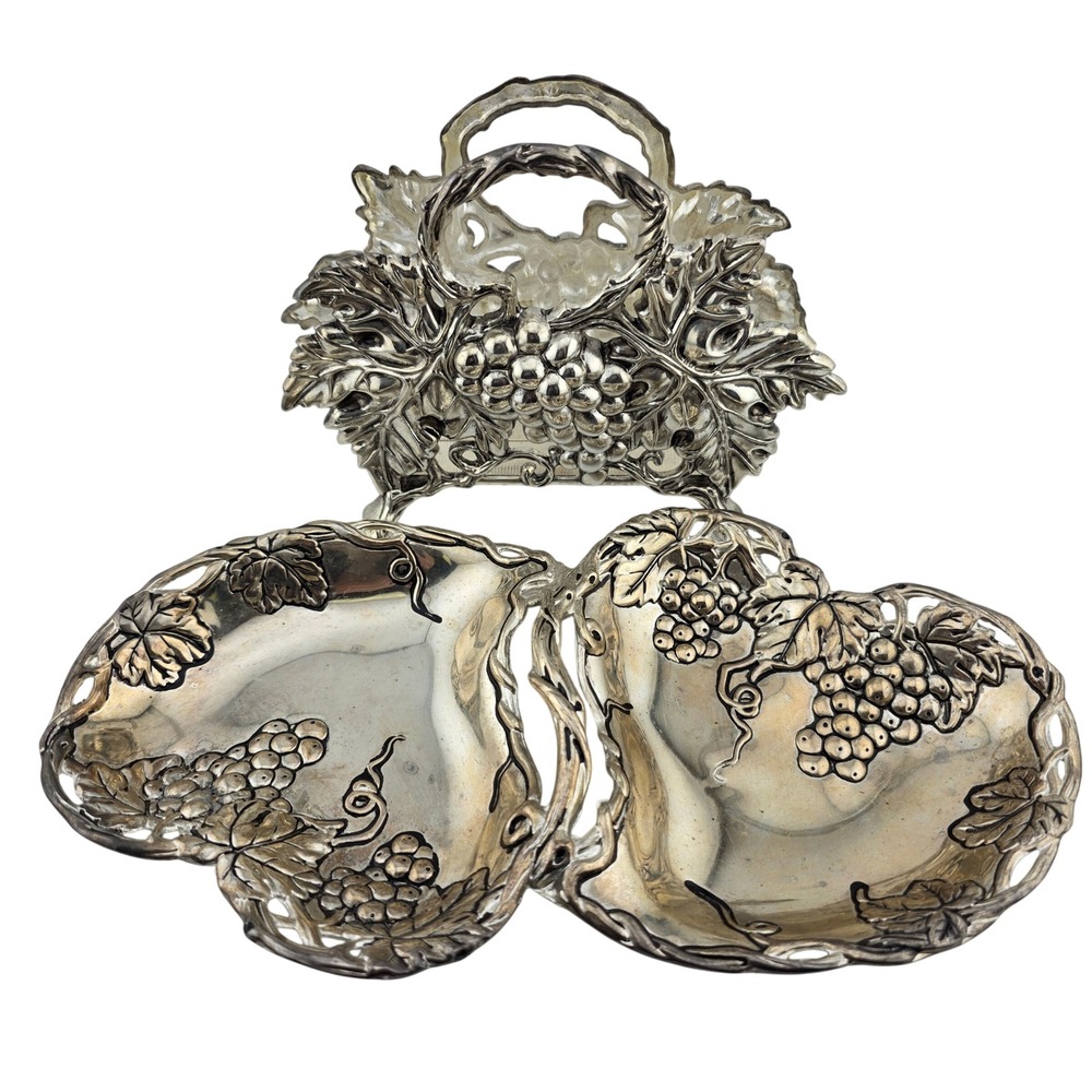 Silver Grape Vine Napkin Holder Heart Candy Dish Set Silver Tablescape Regency